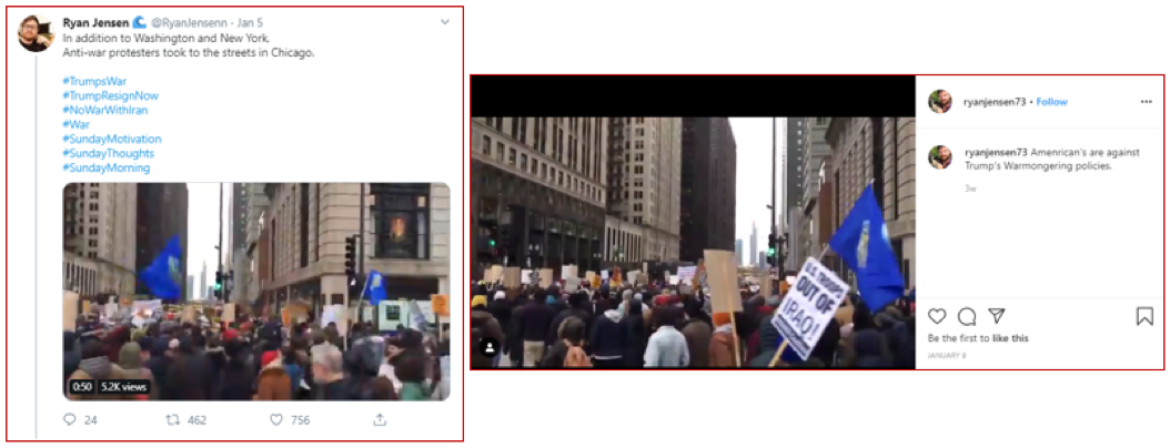 Posts by the “Ryan Jensen” persona on Twitter and Instagram disseminating a videoclip of antiwar protests in the U.S. following the killing of Qasem Soleimani