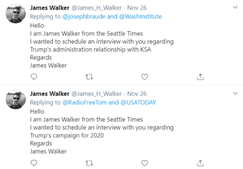 The “James Walker” persona openly soliciting interviews from academics and journalists on Twitter